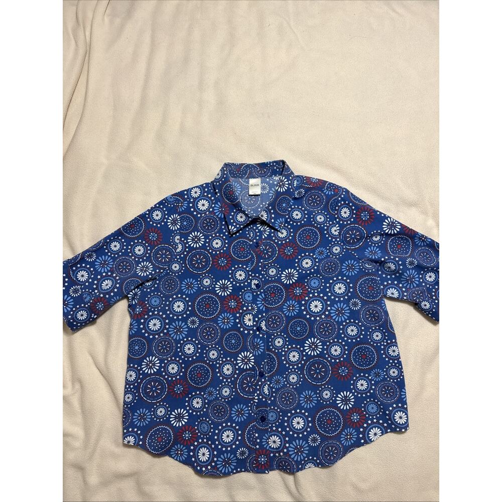 Blair Blue w/ red and white~ 3/4 sleeve ~ Buttons ~ Size XXL~ Cotton blend